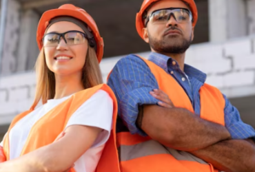 Imagem de dois trabalhadores com equipamento de segurança (EPI), para retratar Avaliação psicossocial ocupacional.